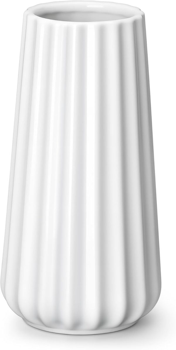 Ceramic Vase, 7.8 Inch Modern Ribbed Glossy Decorative Vase, Flower vase for Home Decor, Living Room, Bedroom, Office Decor, White