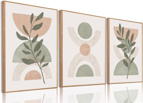 Boho Wall Art, Framed Abstract Wall Art, Green Botanical Neutral Canvas Wall Decor, Large Mid Century Plant Pictures Set of 3, Modern Minimalist Paintings, for Bedroom Living Room Bathroom