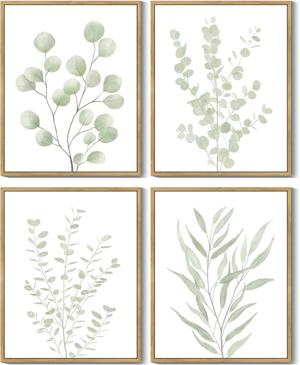 Botanical Plant Framed Wall Art Boho Wall Decor for Bathroom Sage Green Eucalyptus Leaf Prints Minimalist Aesthetic Ready to Hang Set of 4, 8x10 in (Natural Framed)