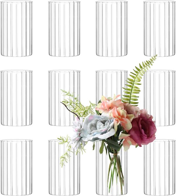 12Pcs Glass Cylinder vases for Centerpieces, 6 Inches Clear Ribbed s for Wedding Decorations,Floral Vase Bulk Flower vases,Tall Glass Hurricane Candle Holder for Table Shelf, Party(Ribbed)