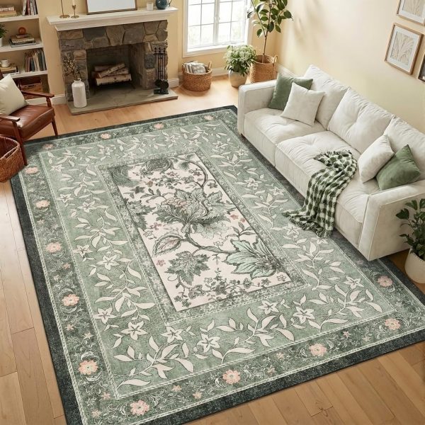 5x7 Area Rugs, Botanical Grove Sage Green Vintage  Non-Slip Washable Rug for Living Room Bedroom Nursery Kitchen Low-Pile Retro Carpet