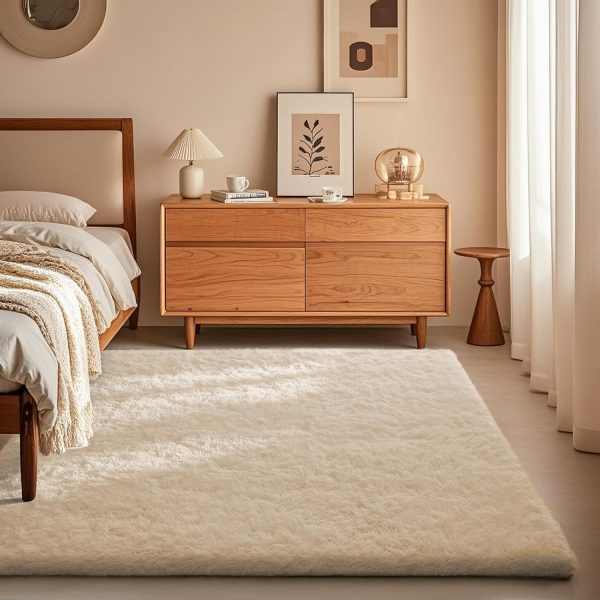 Area Rugs for Bedroom, Christmas Upgrade Non-Slip Ivory Fluffy Soft Shag Living Room Carpet, Indoor Floor 4x6 Fuzzy Shaggy Plush Nursery Rug for Kids Home Dorm Decor Aesthetic