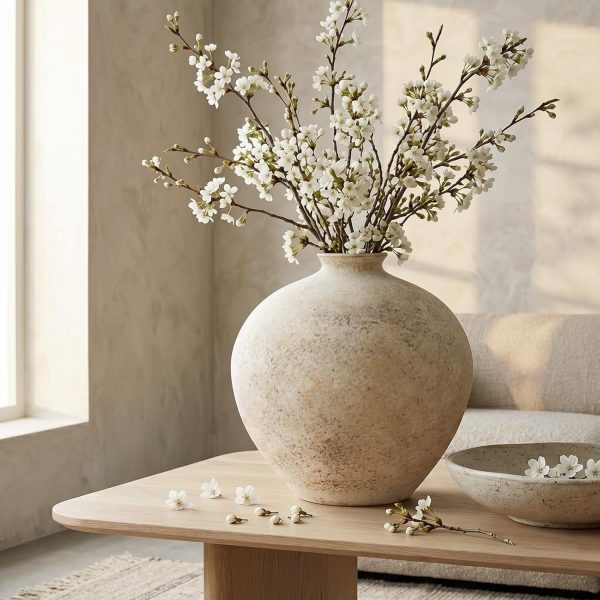 9.5 Inch Rustic Large Earthy Ceramic Vase for Home Decor, Distressed Textured Beige Pottery Vase, Modern Farmhouse Jar Vase for Pampas Grass Flowers Living Room Table Mantel Centerpiece Decor