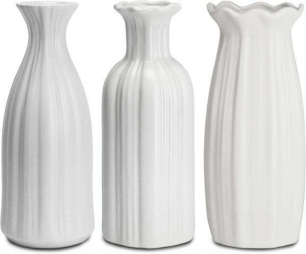 White Ceramic Vase 7 inch Small Vase Set can be Used as Bedroom Study Living Room Dining Table Home Decoration Suitable for Wedding Flower Arrangement Design Bohemian Style (HPBY-3PCS)