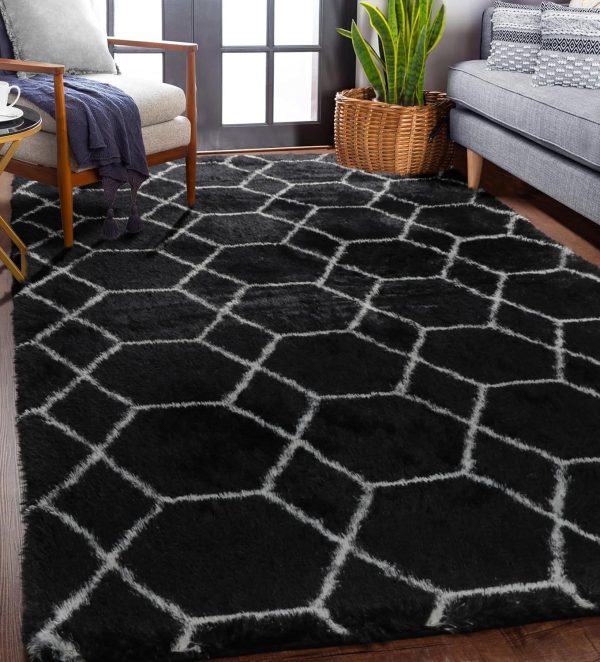 Area Rugs for Bedroom Living Room, Fluffy 4x6 Black and White Rug, Geometric Shaggy Plush Bedside Indoor Floor Carpet for Nursery Kids Teens Girls Boys Dorm Home Office Decor