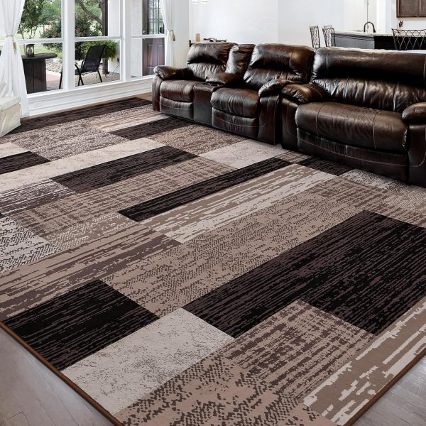 Modern Geometric Patchwork Area Rug, 4x6 Chocolate Large Rugs for Living Room,  Collection Indoor Rugs for Bedroom, Throw Carpet Floor Decor for Entryway Dining Room Office Nursery