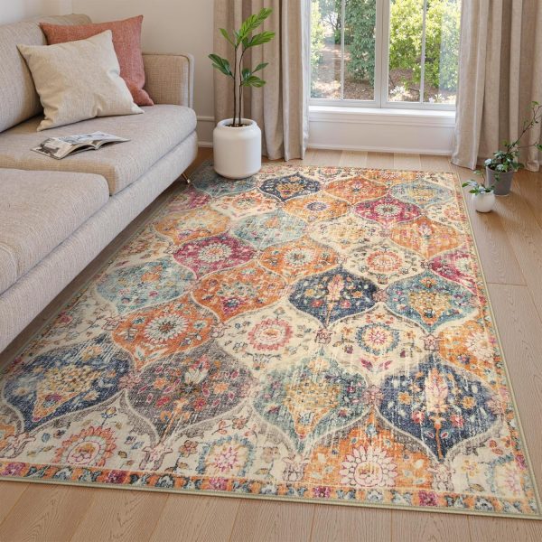 Moroccan Trellis Washable Area Rugs 5x7, 5x7 Area Rugs for Living Room Bedroom, Indoor Non-Slip Large Oriental Throw Carpet for Kitchen Entryway Bathroom Office Elise, Cream/Multi