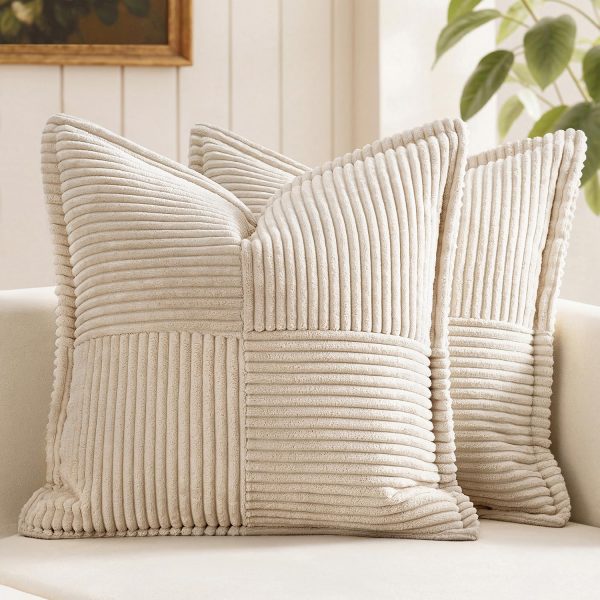 Decorative Throw Pillow Covers for Couch Bed Livingroom 18x18 Inch Set of 2 Beige Boho Accent Throw Pllows Broadside Striped Patchwork Soft Corduroy Pillowcases