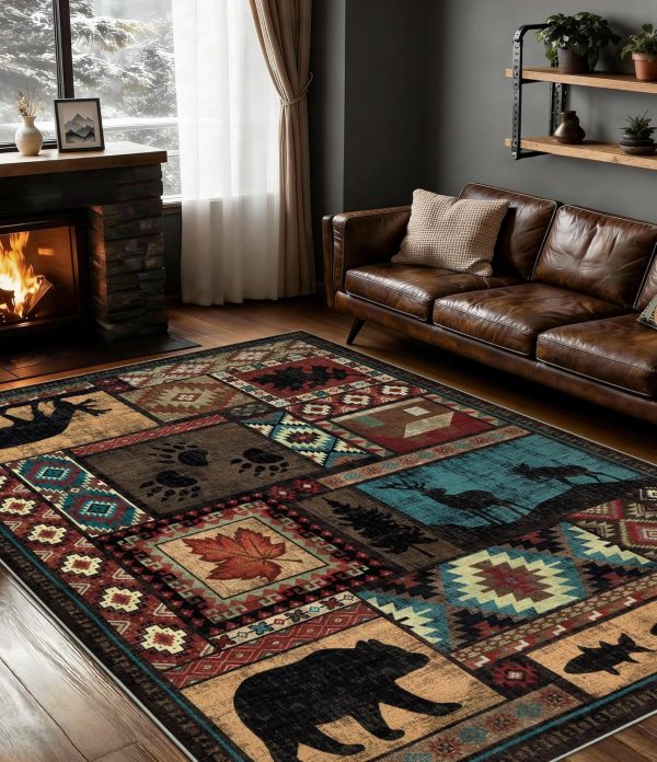 Rustic Cabin Area Rug 5x7,Machine Washable Lodge Bear Rug,Non-Slip Low Pile Print Pattern Southwestern Rug for Living Room Bedroom