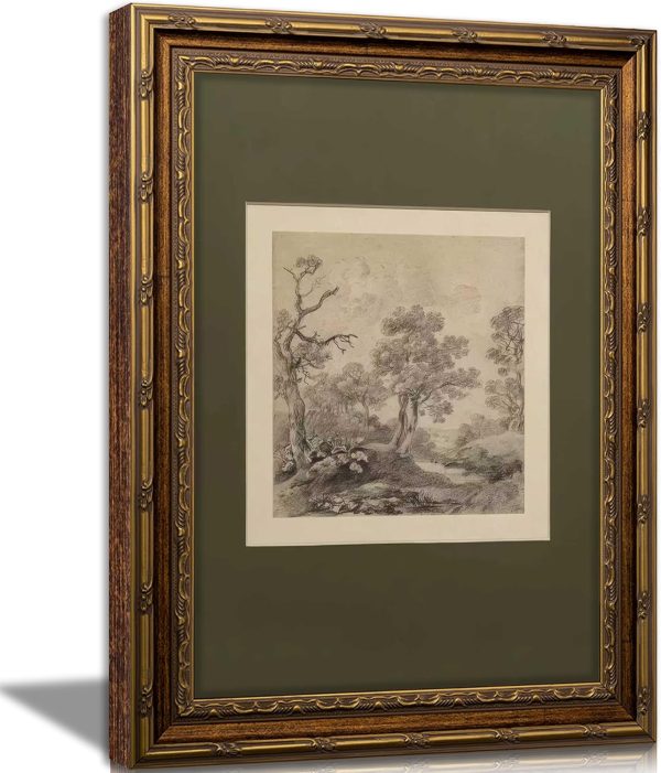 Vintage Gold Framed Wall Art Tree Forest Landscape Painting Canvas Prints Green Gray Tree Natural Sketch Picture Rustic Farmhouse Poster Artwork for Living Room Bedroom Bathroom, 9x11in