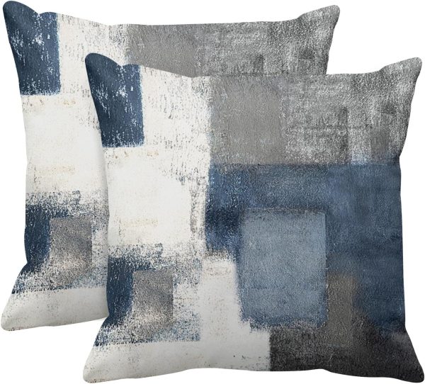 Set of 2 Throw Pillow Covers Modern Abstract Painting Blue White and Gray Decorative Sofa Pillow Cases Home Decor Standard Square 18x18 Inches Pillowcases
