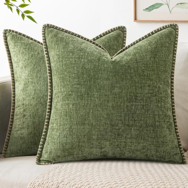 Pack of 2 Couch Throw Pillow Covers 18x18 Inch Sage Green Farmhouse Decorative Pillow Covers with Stitched Edge Soft Chenille Solid Dyed Summer Pillow Covers for Sofa Bed Living Room