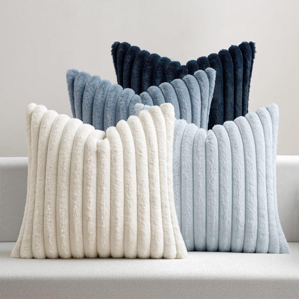 Faux Fur Plush Decorative Throw Pillow Covers 18x18 Set of 4, Summer Modern Soft Fuzzy Coastal Striped Cushion Covers for Sofa Couch Bed Living Room Cozy Home Decor,Navy Blue