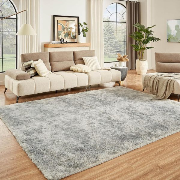 Rugs for Living Room, 6x9 Large Shag Area Rug, Tie-Dyed Light Grey Soft Fluffy Carpets for Bedroom