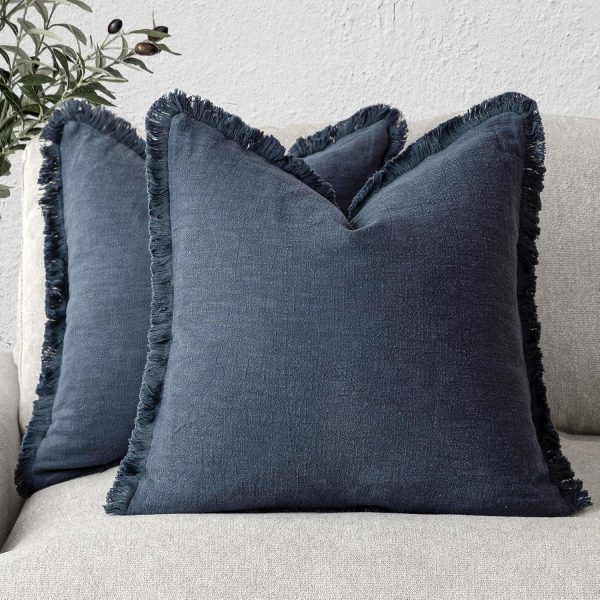 Set of 2 Decorative Linen Fringe Throw Pillow Covers Cozy Boho Farmhouse Cushion Cover with Tassels Soft Accent Pillowcase for Couch Sofa Bed Living Room Home Decor,18×18 Inch,Navy Blue